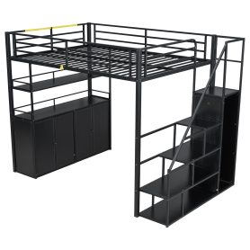 Full Size Metal Loft Bed with Storage Staircase and Wardrobe, Shelves and Lockers