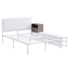 Full Size Metal Platform Bed With Two-tier Storage Shelves and Storage Cabinet
