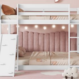 Twin Over Twin Floor Bunk Bed With Climbing Ramp, Ladder, Safety Guardrails