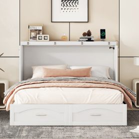 Queen Size Murphy Bed with Drawer and a set of Sockets & USB Ports, Pulley Structure Design