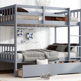 Twin Over Twin Rubber Wood Bunk Bed with 2 Drawers, Convertible into 2 Twin Beds