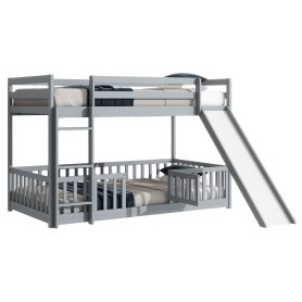 Twin Over Twin Floor Bunk Bed With Slide, Ladder, Door and Safety Guardrails