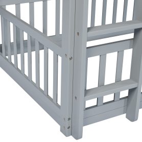 Twin Over Twin Floor Bunk Bed With Slide, Ladder, Door and Safety Guardrails