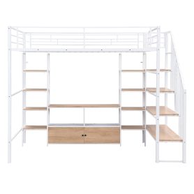Full Size Metal Loft Bed with Staircase,Low Storage Table and Storage Shelves