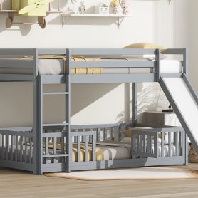 Twin Over Twin Floor Bunk Bed With Slide, Ladder, Door and Safety Guardrails