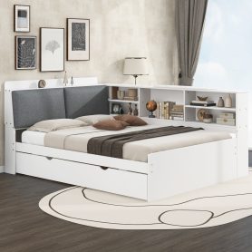 Wood Full Size Platform Bed with Trundle, Shelves and Storage Headboard