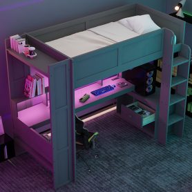 Wood Twin Size Gaming Loft Bed with Desk, Multi-storage Shelves, LED and Charging Station
