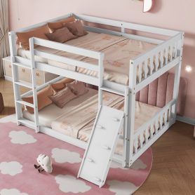 Twin Over Twin Floor Bunk Bed With Climbing Ramp, Ladder, Safety Guardrails