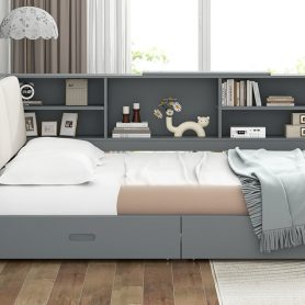 Wood Full Size Platform Bed With Storage Headboard, Shelves And 2 Drawers