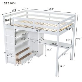 Wood Full Size Loft Bed with Built-in Wardrobe, Desk, Storage Shelves and Drawers