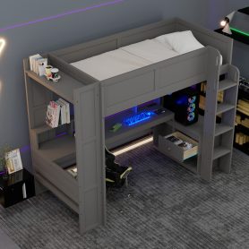 Wood Twin Size Gaming Loft Bed with Desk, Multi-storage Shelves, LED and Charging Station