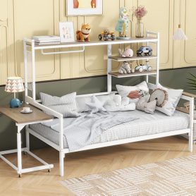 Twin Size Metal Daybed With Movable Desk, Metal Grid, Shelves And Clothes Hanger 34 Twin Size Metal Daybed With Movable Desk, Metal Grid, Shelves And Clothes Hanger