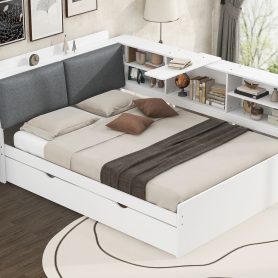 Wood Full Size Platform Bed with Trundle, Shelves and Storage Headboard