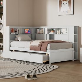 Twin Size Wood Daybed with Storage Shelves, USB and Trundle