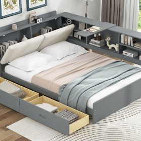 Wood Full Size Platform Bed With Storage Headboard, Shelves And 2 Drawers