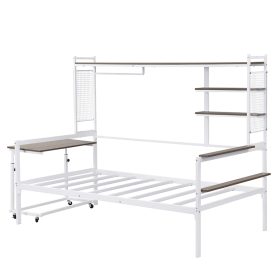 Twin Size Metal Daybed With Movable Desk, Metal Grid, Shelves And Clothes Hanger 27 Twin Size Metal Daybed With Movable Desk, Metal Grid, Shelves And Clothes Hanger