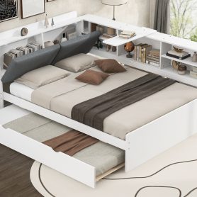 Wood Full Size Platform Bed with Trundle, Shelves and Storage Headboard