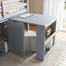 Rubber Wood Twin Loft Bed With Storage Cabinet, Drawer and Shelf Cabinet and Pulling-Out Desk