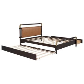 Wooden Queen Size Platform Bed With 2 Big Drawers and T-Xl Size Trundle