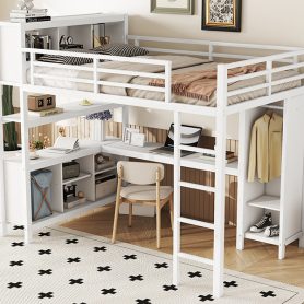Full Size Metal Loft Bed With Wardrobe, L-shaped Desk, Storage Cubes And Shelves