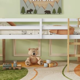Rubber Wooden Twin Loft Bed with Ladder,  Natural White