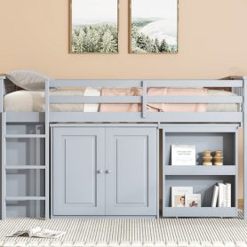 Rubber Wood Twin Loft Bed With Storage Cabinet, Drawer and Shelf Cabinet and Pulling-Out Desk