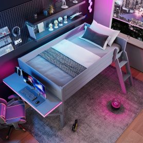 Wood Twin Size Gaming Loft Bed with Desk and LED