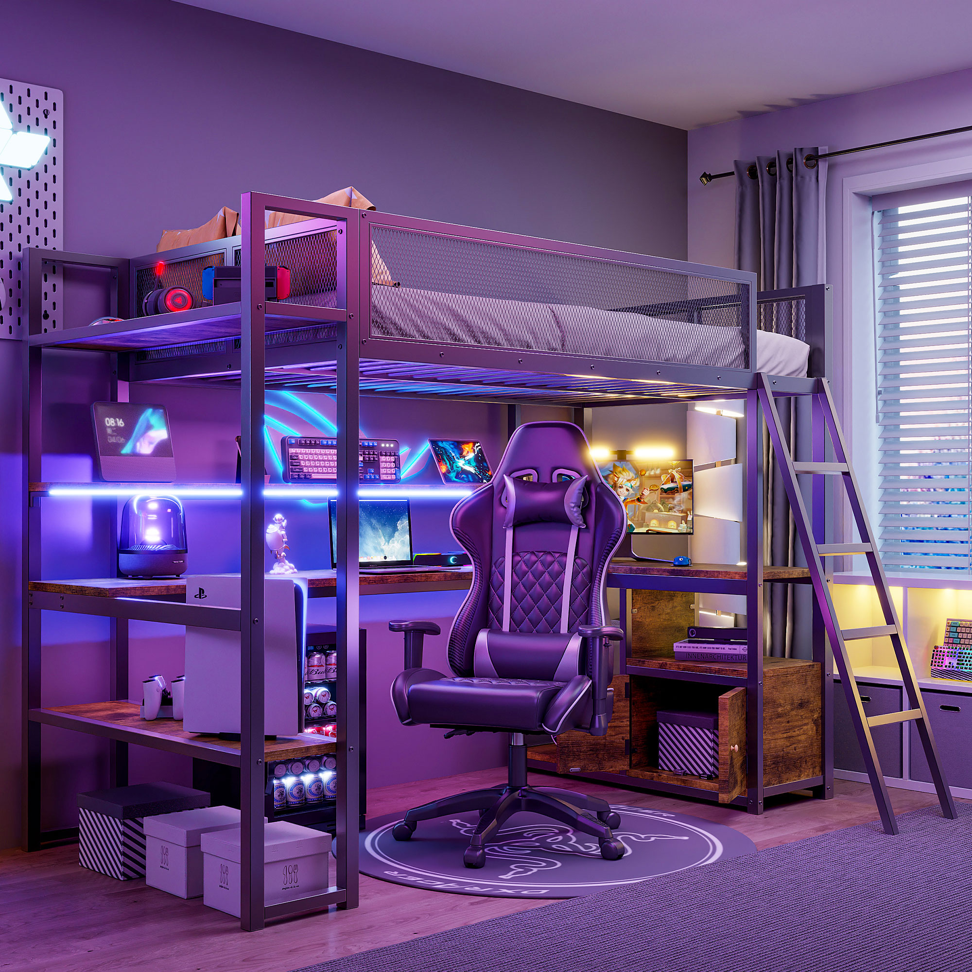 Twin Size Metal Loft Bed with Built-in Work Station, LED and Multiple Storage