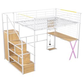 Full Size Metal Loft Bed with Built-in Work Station, Wardrobe, Storage Staircase and LED