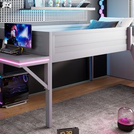 Wood Twin Size Gaming Loft Bed with Desk and LED