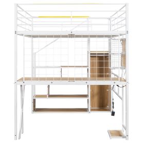 Full Size Metal Loft Bed with Built-in Work Station, Wardrobe, Storage Staircase and LED