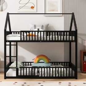 Metal Twin Over Twin House Bunk Bed With Fence And Door