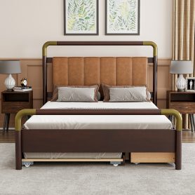 Wooden Queen Size Platform Bed With 2 Big Drawers and T-Xl Size Trundle