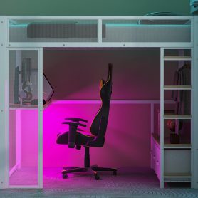 Full Size Metal Gaming Loft Bed with LED, Desk, Open Wardrobe and 3 Linen Storage Drawers