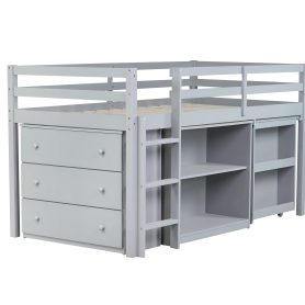 Rubber Wood Twin Loft Bed With Drawer Cabinet, Shelf Cabinet, Pulling-out Desk And Safety Guardrail 31 Rubber Wood Twin Loft Bed With Drawer Cabinet, Shelf Cabinet, Pulling-out Desk And Safety Guardrail