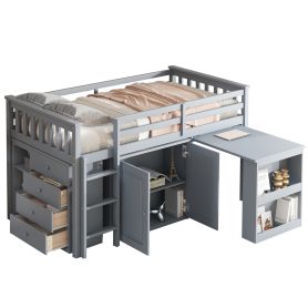 Rubber Wood Twin Loft Bed With Storage Cabinet, Drawer and Shelf Cabinet and Pulling-Out Desk