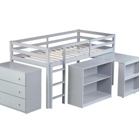 Rubber Wood Twin Loft Bed With Drawer Cabinet, Shelf Cabinet, Pulling-out Desk And Safety Guardrail 33 Rubber Wood Twin Loft Bed With Drawer Cabinet, Shelf Cabinet, Pulling-out Desk And Safety Guardrail