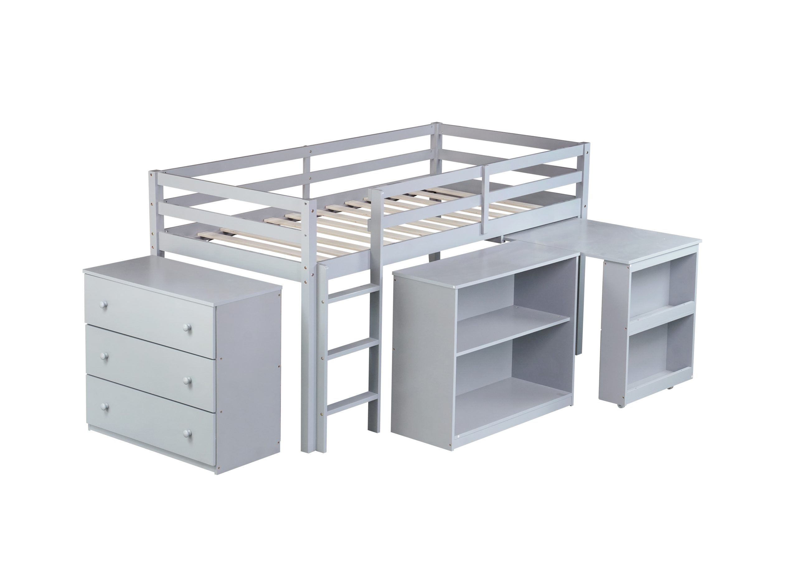 Rubber Wood Twin Loft Bed With Drawer Cabinet, Shelf Cabinet, Pulling-out Desk And Safety Guardrail 8 Rubber Wood Twin Loft Bed With Drawer Cabinet, Shelf Cabinet, Pulling-out Desk And Safety Guardrail