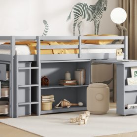 Rubber Wood Twin Loft Bed With Drawer Cabinet, Shelf Cabinet, Pulling-out Desk And Safety Guardrail 46 Rubber Wood Twin Loft Bed With Drawer Cabinet, Shelf Cabinet, Pulling-out Desk And Safety Guardrail