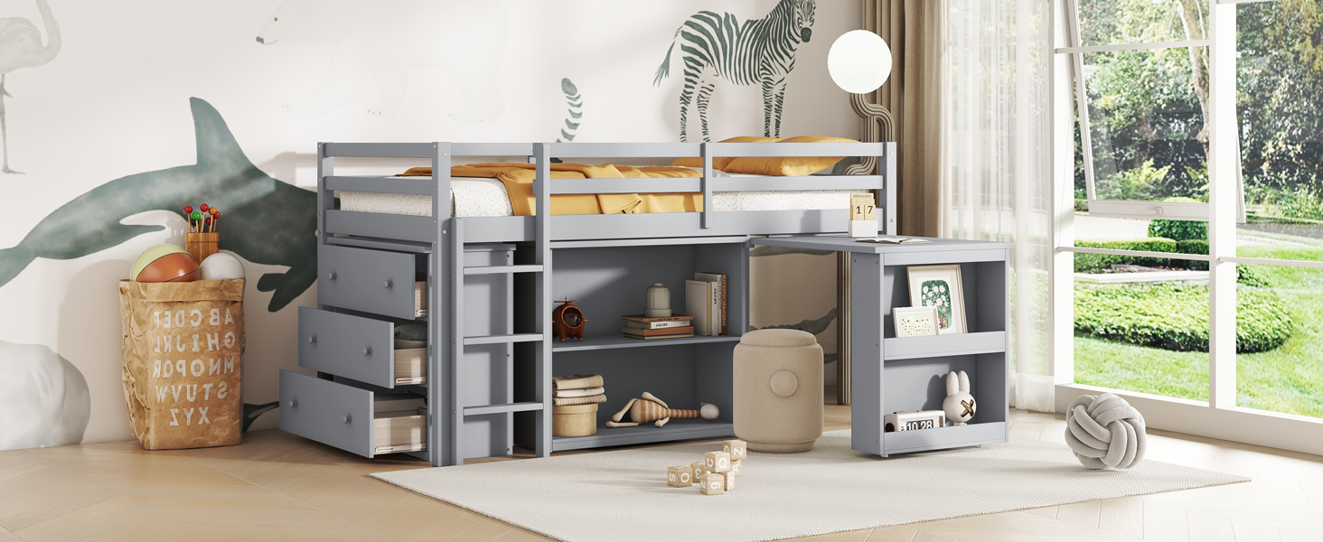 Rubber Wood Twin Loft Bed With Drawer Cabinet, Shelf Cabinet, Pulling-out Desk And Safety Guardrail 21 Rubber Wood Twin Loft Bed With Drawer Cabinet, Shelf Cabinet, Pulling-out Desk And Safety Guardrail