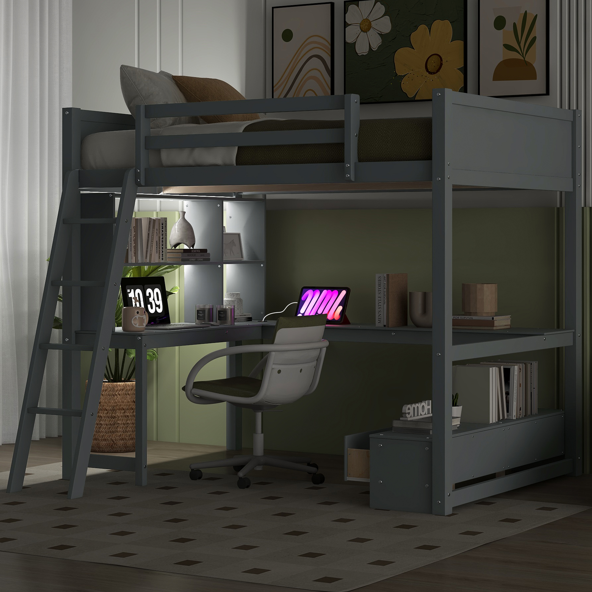 Full Size Loft Bed with L-shaped Multi-storage Desk, LED light and USB Charging Station, Storage Bench with 2 Drawers