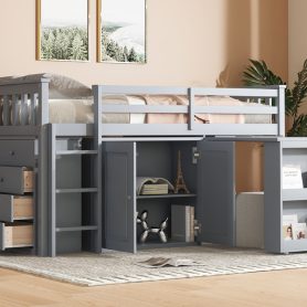 Rubber Wood Twin Loft Bed With Storage Cabinet, Drawer and Shelf Cabinet and Pulling-Out Desk