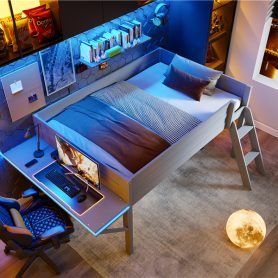 Wood Full Size Gaming Loft Bed with Desk and LED