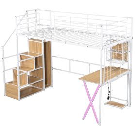 Twin Size Metal Loft Bed with Built-in Work Station, Wardrobe, Storage Staircase and LED