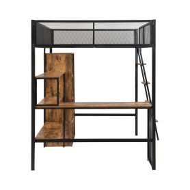 Full Size Metal Loft bed with Built-in Desk, Wardrobeand Shelves