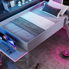 Wood Twin Size Gaming Loft Bed with Desk and LED