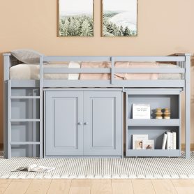 Rubber Wood Twin Loft Bed With Storage Cabinet, Drawer and Shelf Cabinet and Pulling-Out Desk