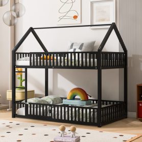 Metal Twin Over Twin House Bunk Bed With Fence And Door