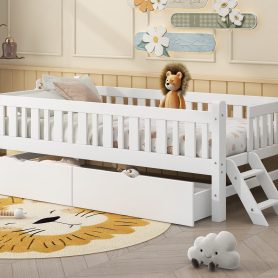 Wood Twin Size Platform Bed with Guardrail and 2 Drawers