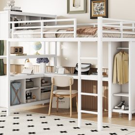 Full Size Metal Loft Bed With Wardrobe, L-shaped Desk, Storage Cubes And Shelves